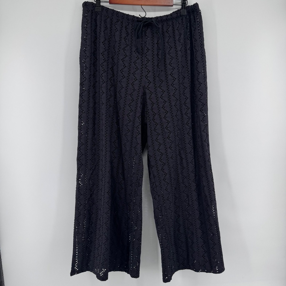 Lands End Eyelet Swim Cover Up Pants Womens XL Black Lace Wide Leg Slit